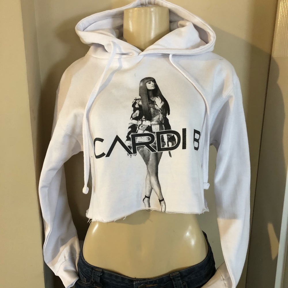 Women Cardi B White Crop Hoodie